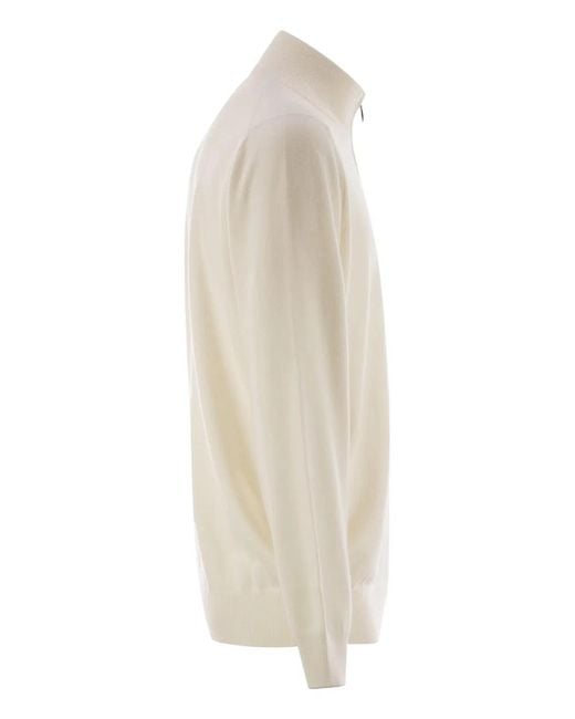 Brunello Cucinelli White High-Necked Cashmere Sweater With Zip Opening for men