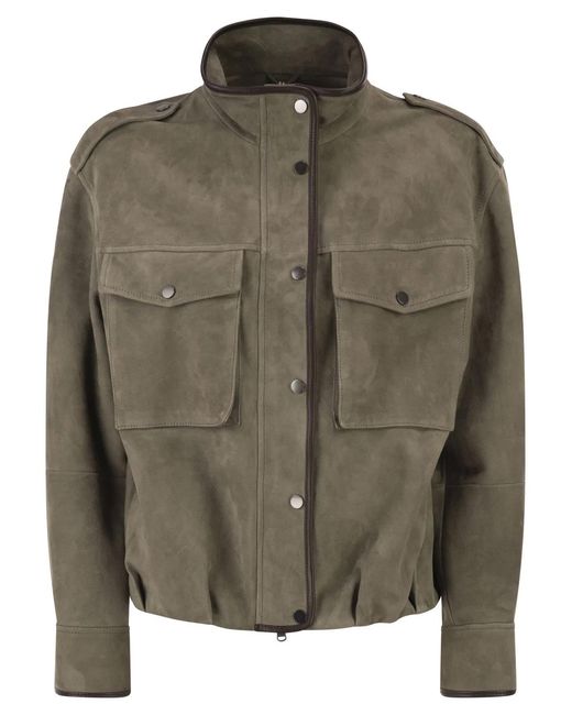 Brunello Cucinelli Green Suede Utility Jacket With Patch Pockets