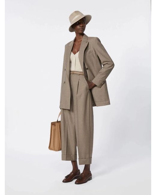 Max Mara Natural Pinstripe Wool Trousers