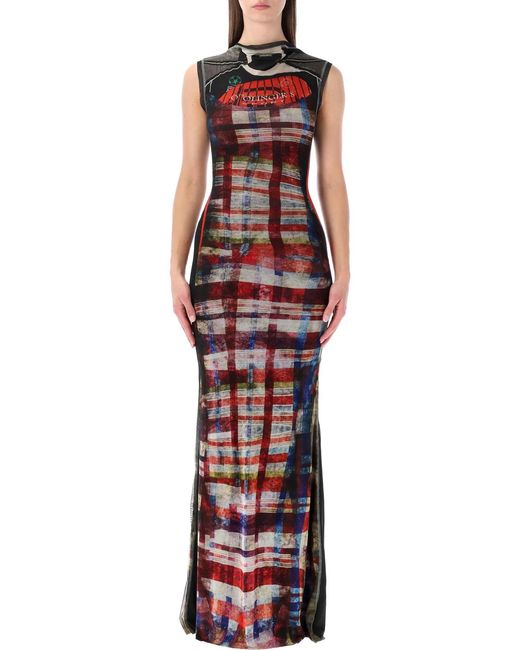 OTTOLINGER Red Racing Plaid Mesh Long Dress