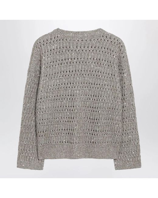 Brunello Cucinelli Gray Crochet Crewneck Sweater With Sequins