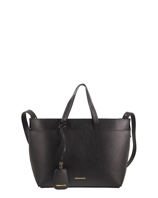 Fabiana Filippi Black Grained Leather Shopper Bag With Twin Handles And Shoulder Strap