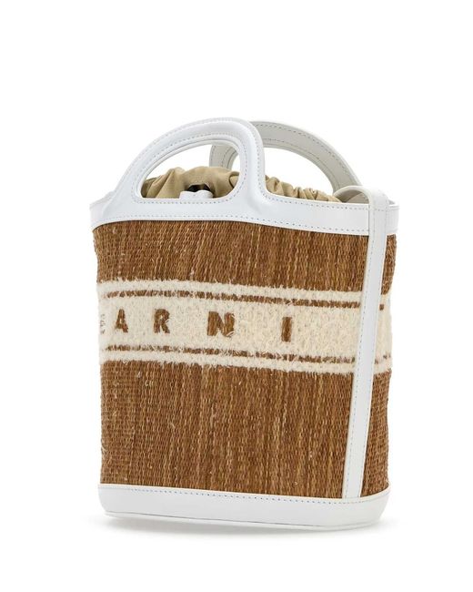 Marni Brown Two-Tone Raffia And Leather Tropicalia Bucket Bag