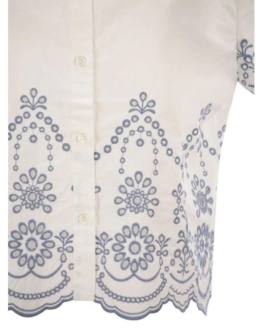 Mc2 Saint Barth White Cropped Cotton Shirt With Floral Embroidery