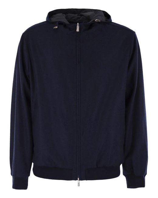 Fedeli Blue Reversible Bomber Jacket With Hood for men