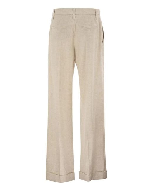 Brunello Cucinelli Natural Virgin Wool And Cashmere Tailored Trousers With Turn-Up Hem
