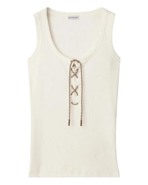 Burberry White Cotton Blend Tank Top With Check Trim