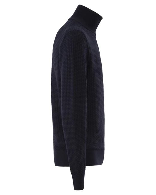 Boss Blue Textured Cotton Sweater With High Neck And Zip for men