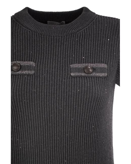 Brunello Cucinelli Black Ribbed Knit Dress With Sequins And Patch Pockets