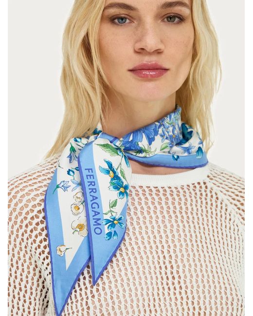 Ferragamo Blue Primavera Print Diamond Scarf