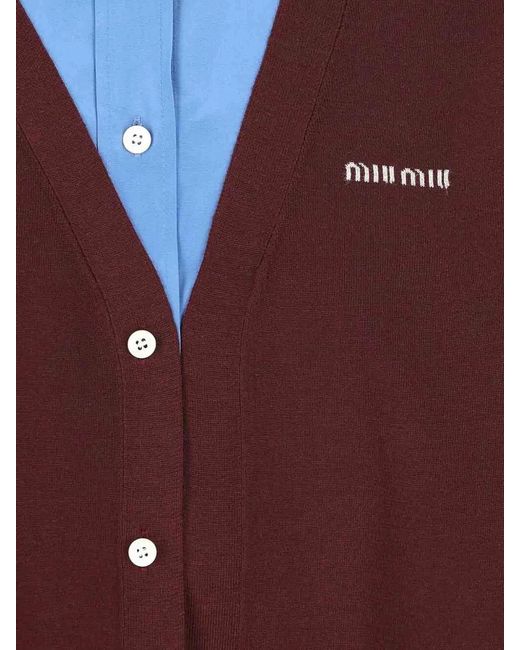 Miu Miu Red Wool Cardigan With Cotton Details