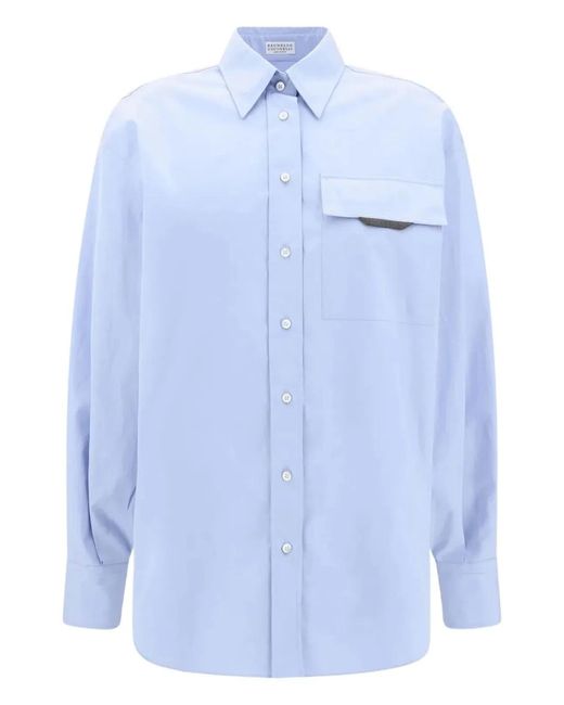 Brunello Cucinelli Blue Shirt With Jewel Embellished Pocket