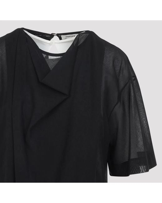 Carven Black Sheer Draped Cotton Midi Dress