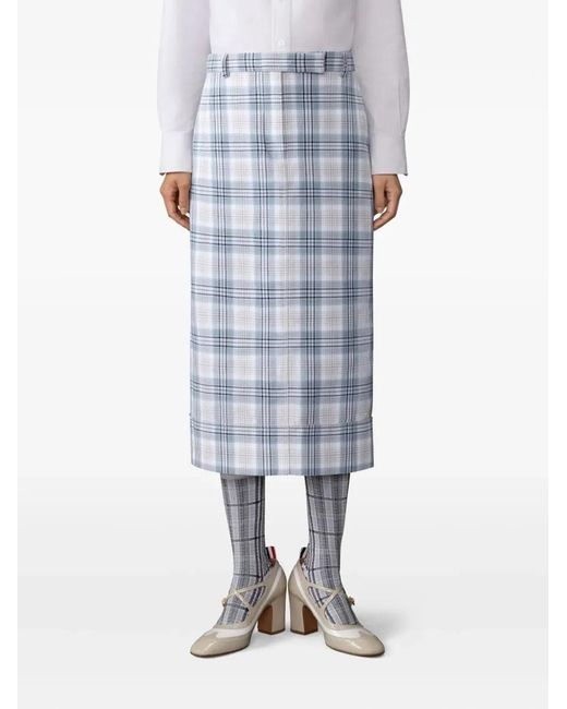 Thom Browne Blue Jupe Droite Sack En Coton Windowpane Plaid Bleu Glacier