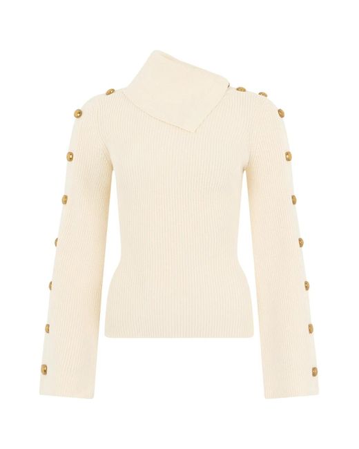 Elisabetta Franchi White Sweater With Asymmetrical Collar And Buttons