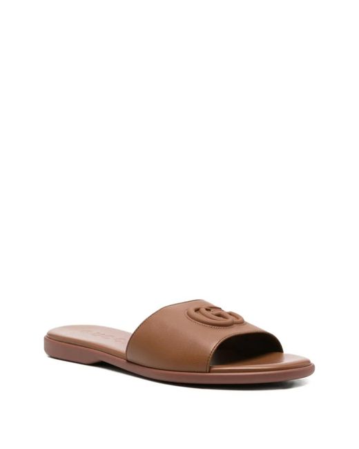 Gucci Brown Double G Leather Falt Sandals