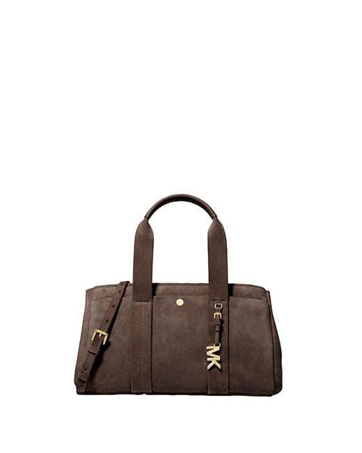 Michael Kors Brown Romee Small Suede Satchel With Glossy Mk Logo
