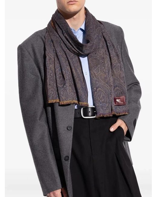 Etro Black Paisley Pattern Scarf With Fringed Edges for men