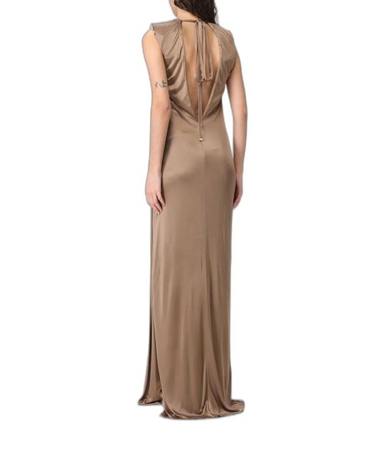 Elisabetta Franchi Natural Carpet Shiny Viscose Jersey Long Dress With Side Slit