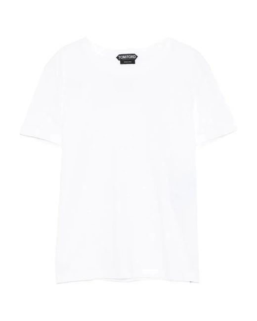 Tom Ford White Cotton T-Shirt With Tf Logo Embroidery