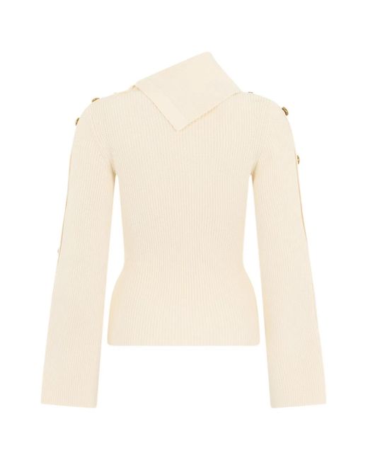 Elisabetta Franchi White Sweater With Asymmetrical Collar And Buttons