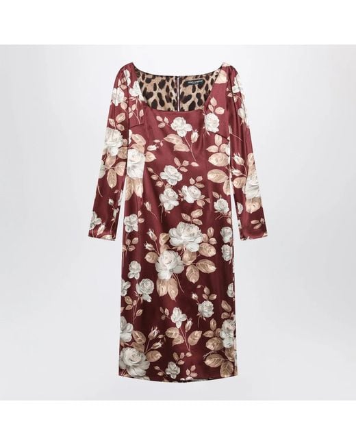 Dolce & Gabbana Red Dolce&Gabbana Burgundy Satin Dress With Floral Print