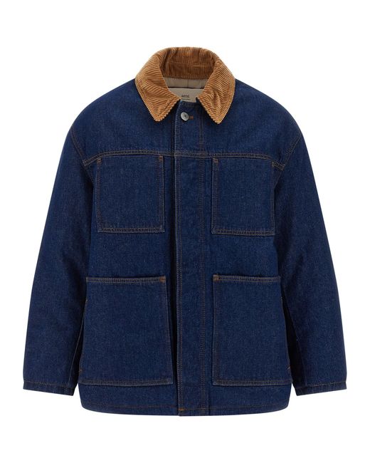 AMI Blue Padded Denim Jacket for men