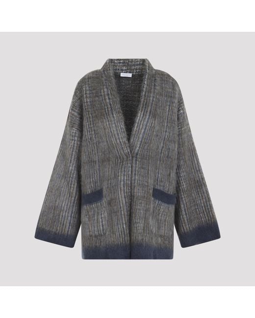 Brunello Cucinelli Gray Grigio Blu Galles Jacquard Cardigan