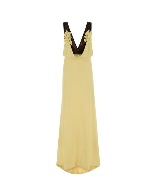 Costarellos Metallic Pastel Yellow Crepe Janessa Long Dress