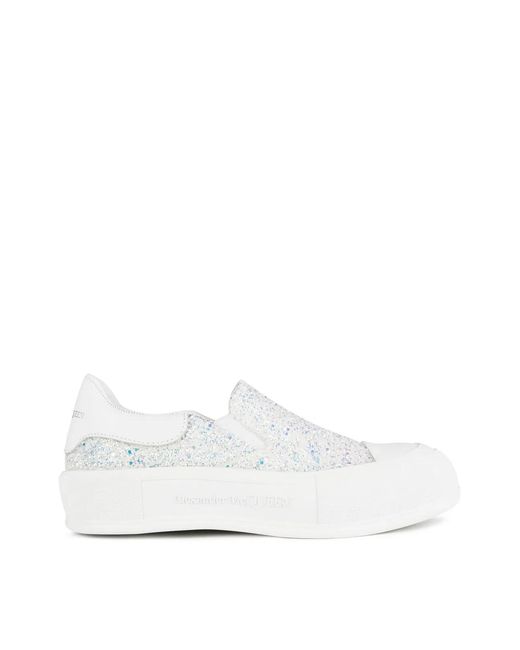 McQueen White Deck Plimsoll Glitter Slip On Sneakers