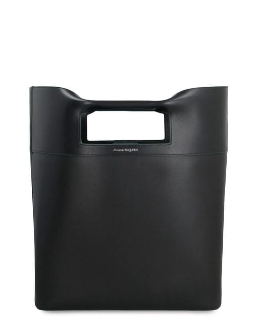 McQueen Black Leather The Square Bow Shopping Bag for men