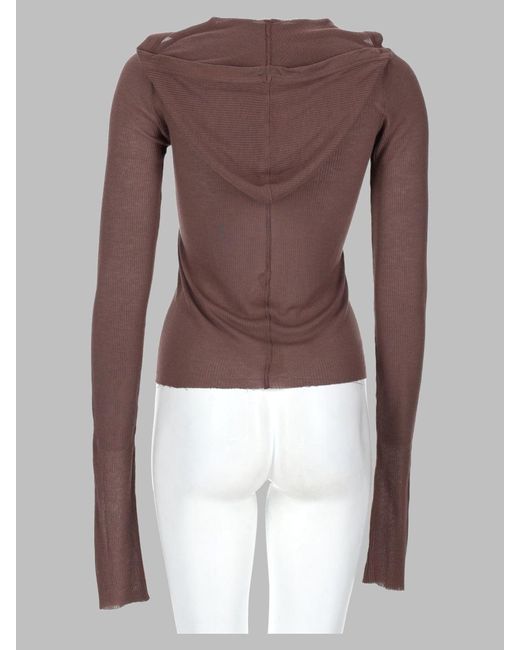 Rick Owens Brown Cropped Hooded Rib Long Sleeve T-Shirt For