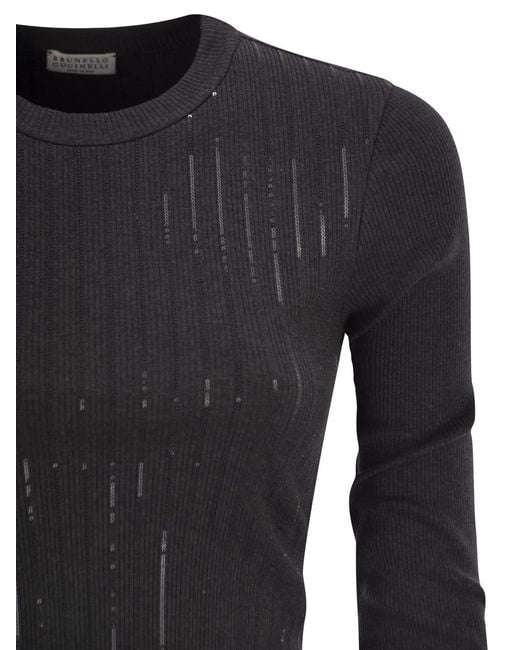 Brunello Cucinelli Black Cotton Jersey T-Shirt With Dazzling Chalk Stripe Embroidery