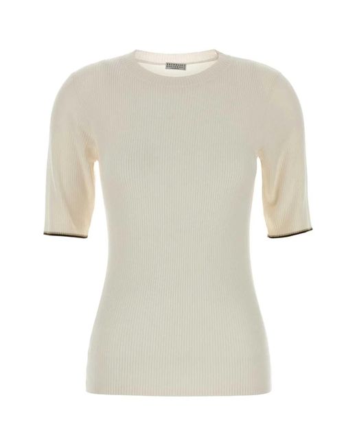 Brunello Cucinelli White Ivory Cashmere Blend T-Shirt