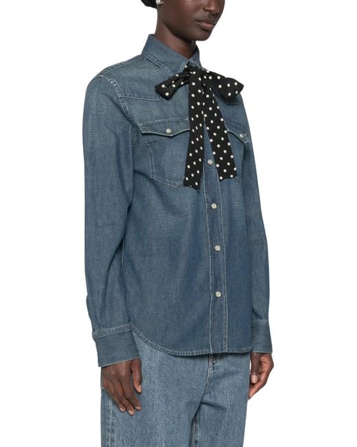 Valentino Blue Vlogo Pussy-Bow Shirt