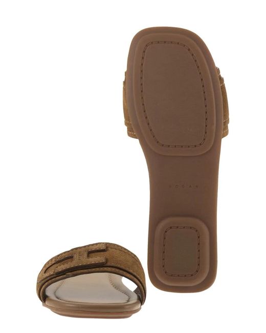 Hogan Brown Suede Slide Sandals With Signature H Detail