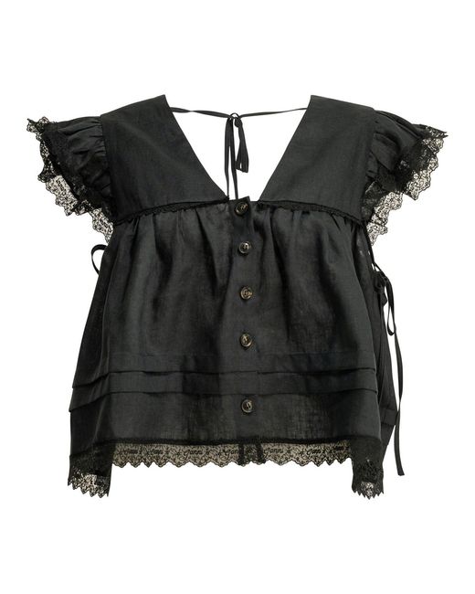 Ganni Women's Black Linen Blouse