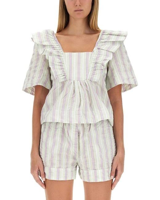 Ganni White Ruffle Blouse