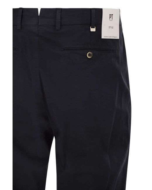 PT Torino Blue Stretch Cotton Tailored Trousers for men