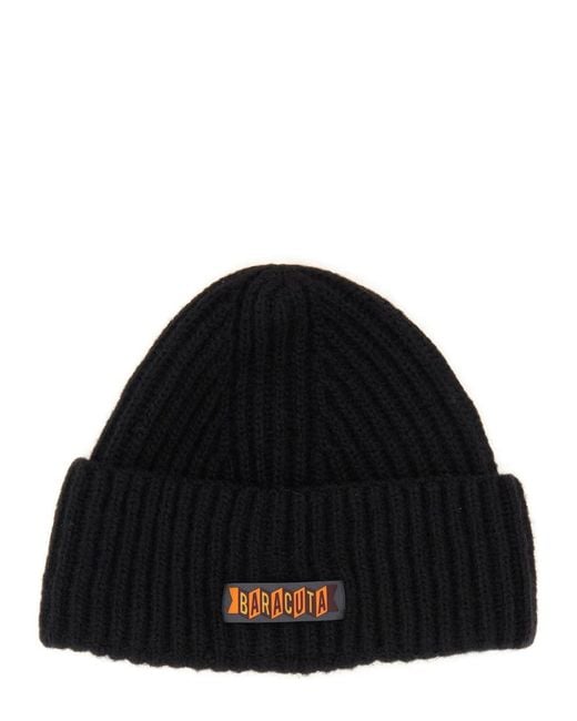 Baracuta Black Beanie Hat With Logo Patch for men