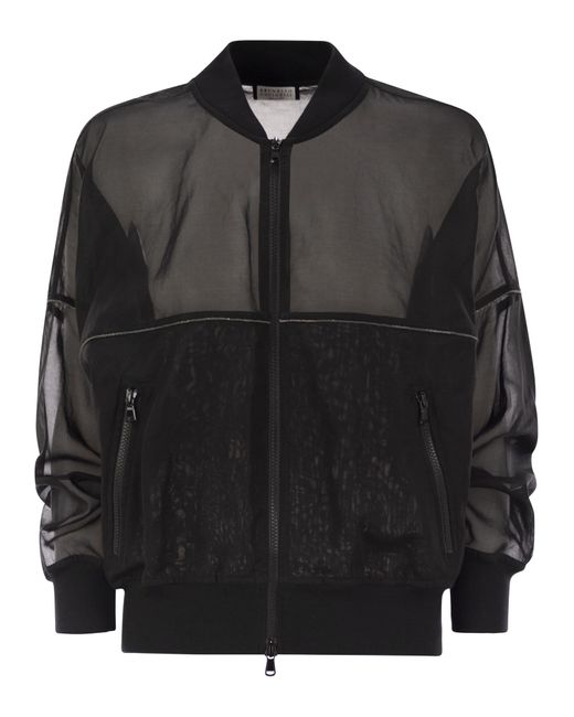 Brunello Cucinelli Black Cotton Organza Bomber Jacket With Shiny Trims