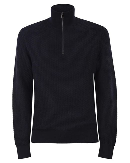 Boss Blue Textured Cotton Sweater With High Neck And Zip for men