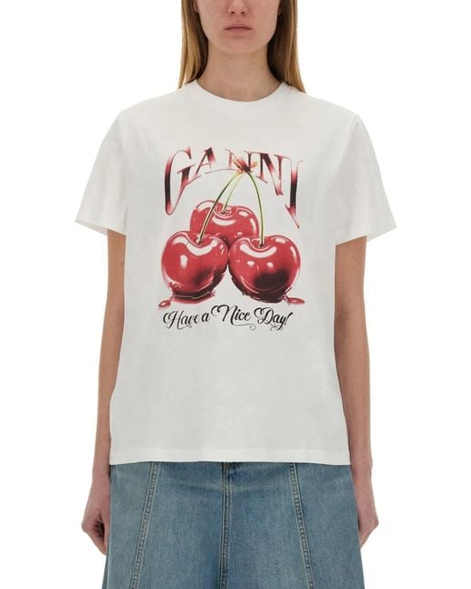 Ganni Gray Printed Cotton T-Shirt