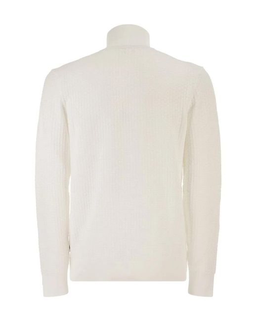 Boss White Textured Cotton Sweater With High Neck And Zip for men