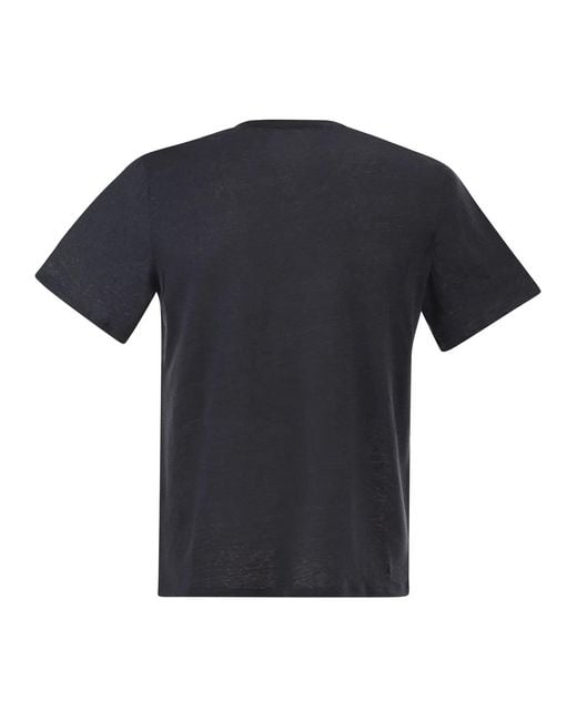Majestic Black Stretch Linen T-Shirt With Round Neckline for men