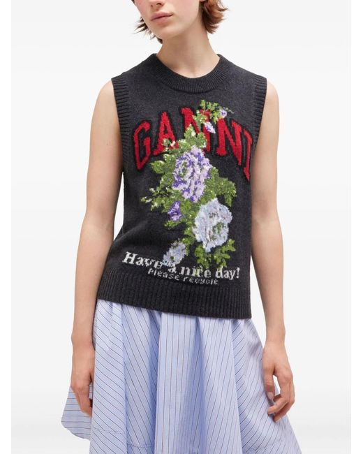 Ganni Gray Dark Rose Wool Vest