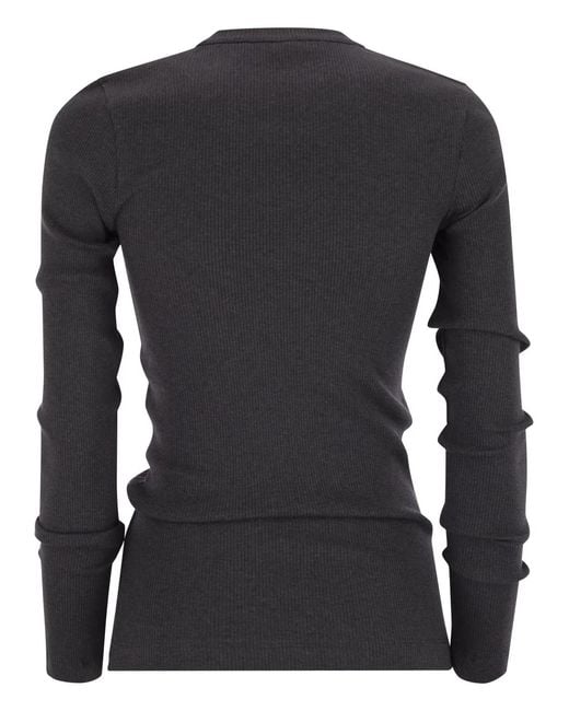 Brunello Cucinelli Black Cotton Jersey T-Shirt With Dazzling Chalk Stripe Embroidery