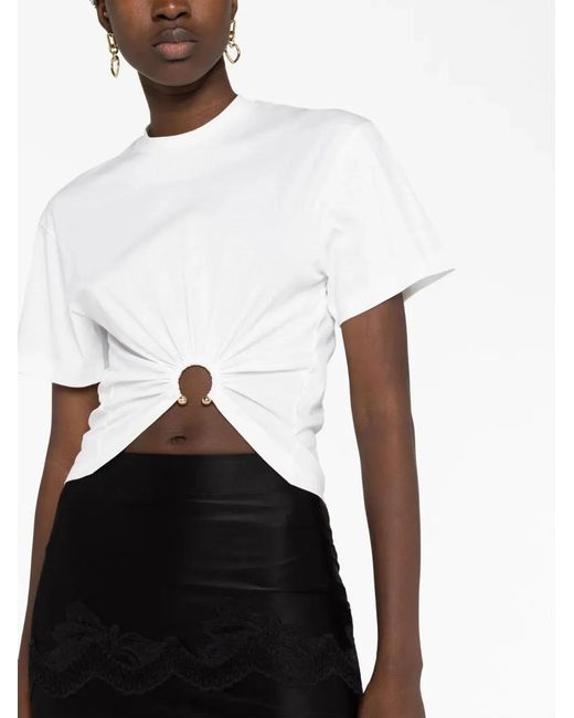 Rabanne White Cotton T-Shirt With Gathered Detail