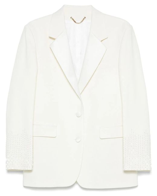 Golden Goose Deluxe Brand White Journey W's Single Breasted Over Jacket Viscose Wool Crepe W Satin Lapel & Beads Embroidery