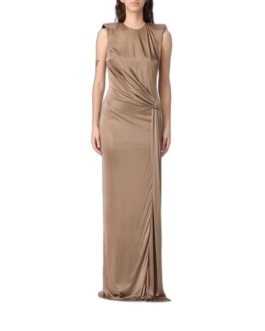 Elisabetta Franchi Natural Carpet Shiny Viscose Jersey Long Dress With Side Slit